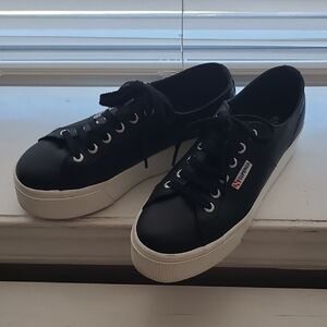 Superga Black Leather Platform Sneakers